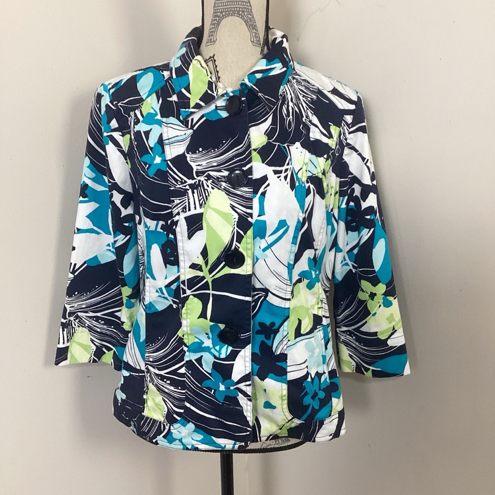 Christopher & Banks Women’s Blue White Green Floral Cotton Blazer 3/4 Sleeves